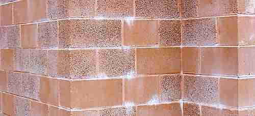 efflorescence in a coloured cement blockwork wall