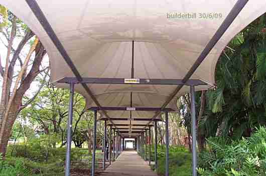 a fabric roofed walkway.